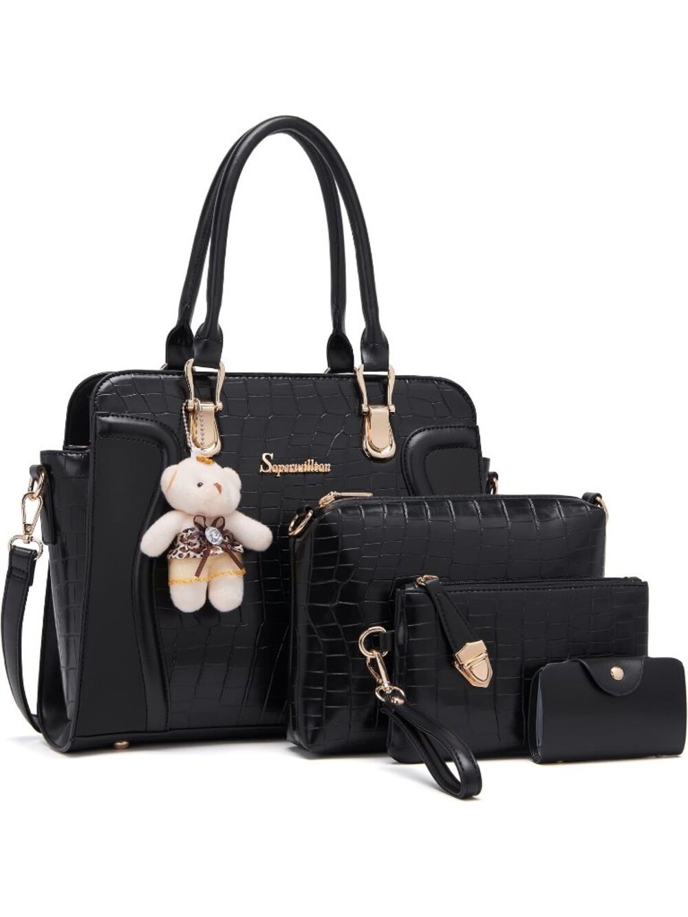 Women's Black 4Pc Handbag Set Tote Shoulder Satchel Purse with Bear Charm